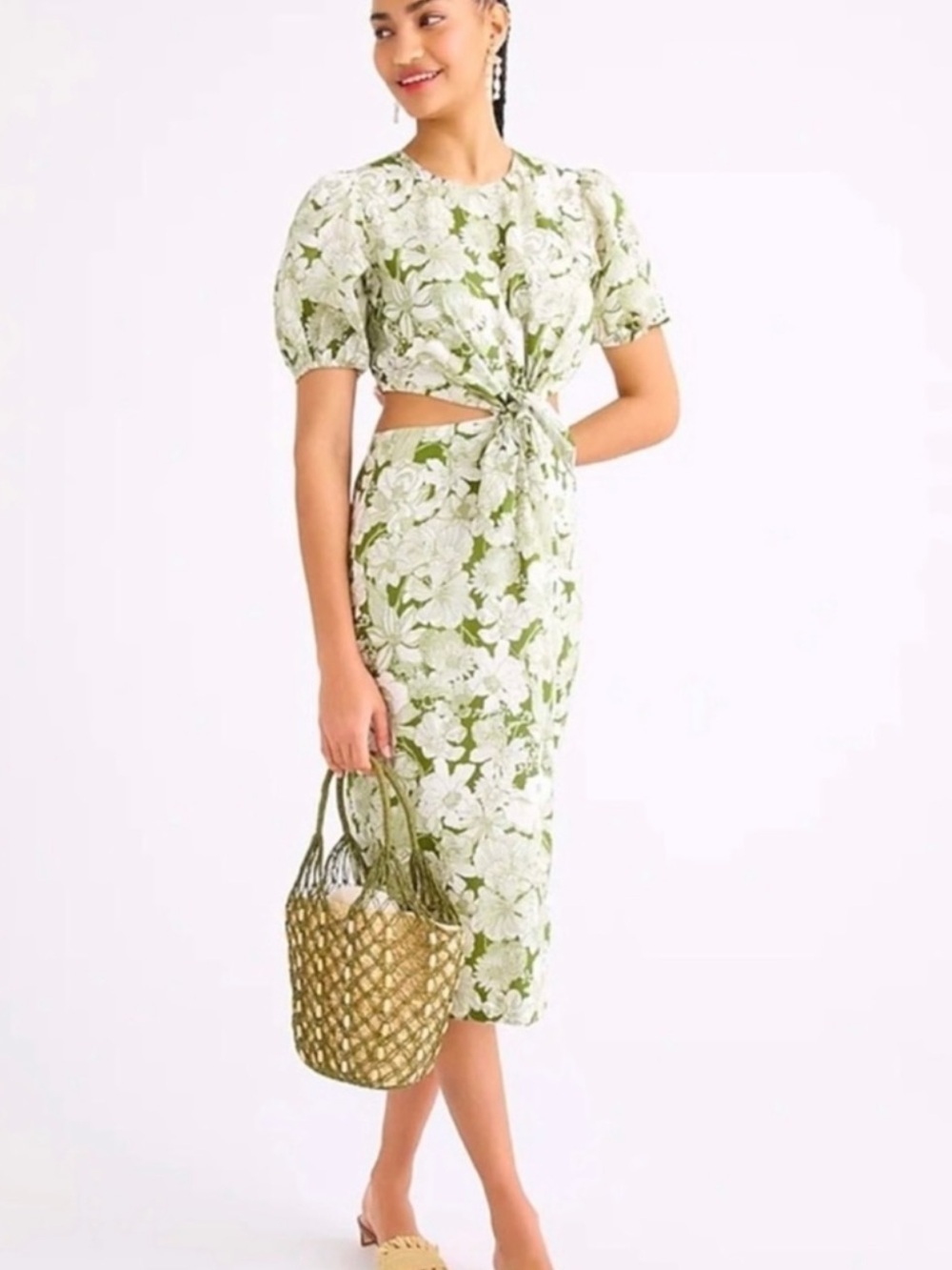 NWOT J. Crew Liberty Fabric Floral Cutout Dress Green White size 12